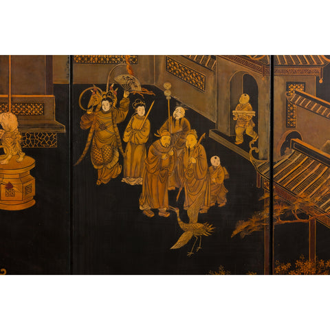 Vintage Six-Panel Gold and Black Screen with Hand-Painted Scenes-YN2876-12. Asian & Chinese Furniture, Art, Antiques, Vintage Home Décor for sale at FEA Home