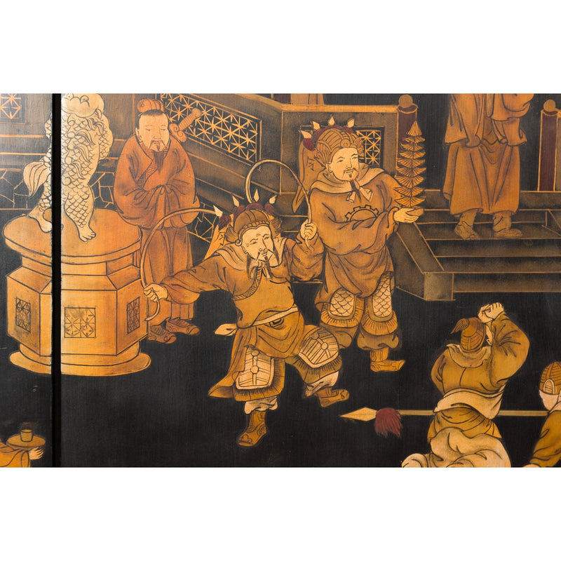 Vintage Six-Panel Gold and Black Screen with Hand-Painted Scenes-YN2876-14. Asian & Chinese Furniture, Art, Antiques, Vintage Home Décor for sale at FEA Home