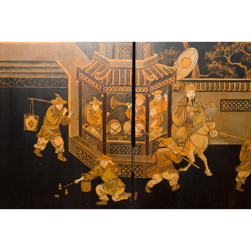 Vintage Six-Panel Gold and Black Screen with Hand-Painted Scenes-YN2876-15. Asian & Chinese Furniture, Art, Antiques, Vintage Home Décor for sale at FEA Home