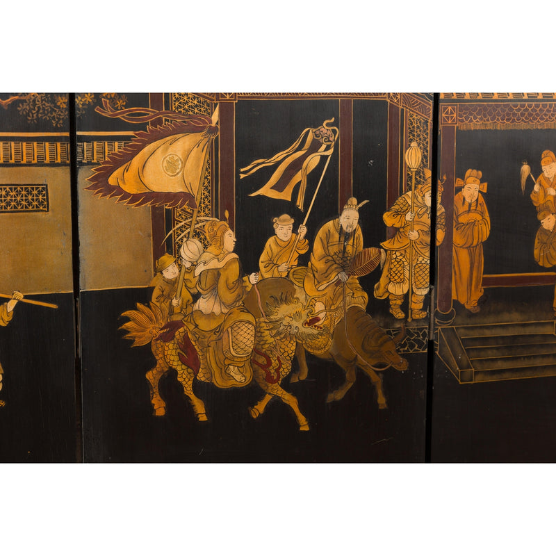 Vintage Six-Panel Gold and Black Screen with Hand-Painted Scenes-YN2876-16. Asian & Chinese Furniture, Art, Antiques, Vintage Home Décor for sale at FEA Home