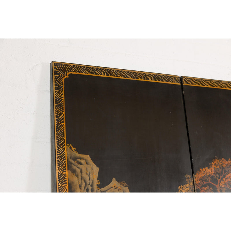 Vintage Six-Panel Gold and Black Screen with Hand-Painted Scenes-YN2876-17. Asian & Chinese Furniture, Art, Antiques, Vintage Home Décor for sale at FEA Home