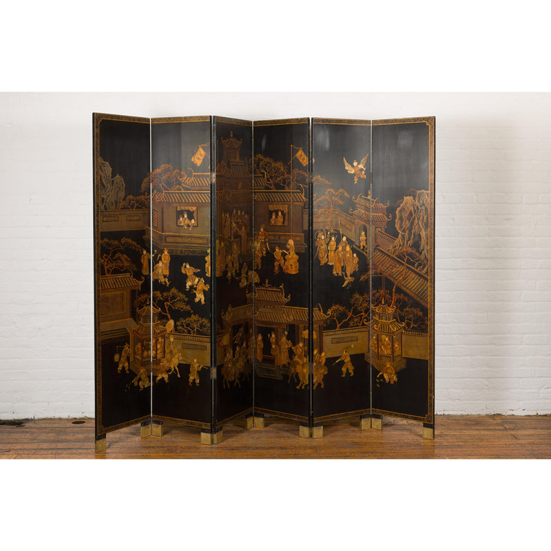 Vintage Six-Panel Gold and Black Screen with Hand-Painted Scenes-YN2876-18. Asian & Chinese Furniture, Art, Antiques, Vintage Home Décor for sale at FEA Home