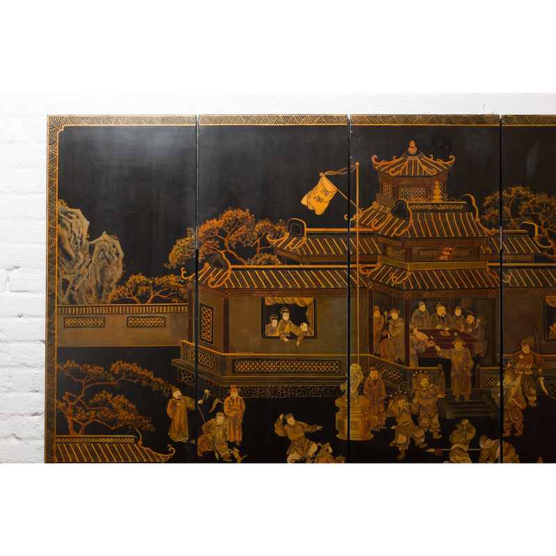 Vintage Six-Panel Gold and Black Screen with Hand-Painted Scenes-YN2876-2. Asian & Chinese Furniture, Art, Antiques, Vintage Home Décor for sale at FEA Home