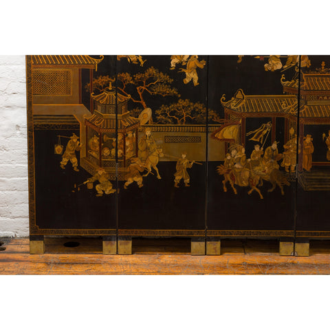 Vintage Six-Panel Gold and Black Screen with Hand-Painted Scenes-YN2876-3. Asian & Chinese Furniture, Art, Antiques, Vintage Home Décor for sale at FEA Home