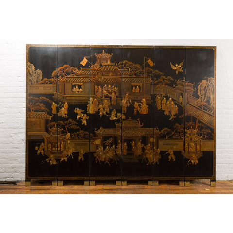 Vintage Six-Panel Gold and Black Screen with Hand-Painted Scenes-YN2876-4. Asian & Chinese Furniture, Art, Antiques, Vintage Home Décor for sale at FEA Home