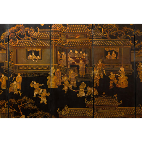 Vintage Six-Panel Gold and Black Screen with Hand-Painted Scenes-YN2876-5. Asian & Chinese Furniture, Art, Antiques, Vintage Home Décor for sale at FEA Home