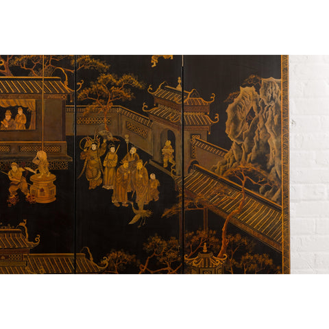 Vintage Six-Panel Gold and Black Screen with Hand-Painted Scenes-YN2876-6. Asian & Chinese Furniture, Art, Antiques, Vintage Home Décor for sale at FEA Home