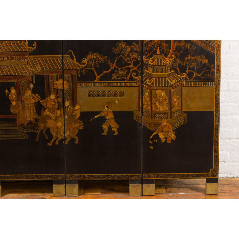 Vintage Six-Panel Gold and Black Screen with Hand-Painted Scenes-YN2876-8. Asian & Chinese Furniture, Art, Antiques, Vintage Home Décor for sale at FEA Home