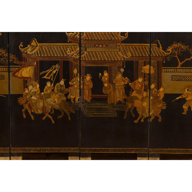 Vintage Six-Panel Gold and Black Screen with Hand-Painted Scenes-YN2876-9. Asian & Chinese Furniture, Art, Antiques, Vintage Home Décor for sale at FEA Home