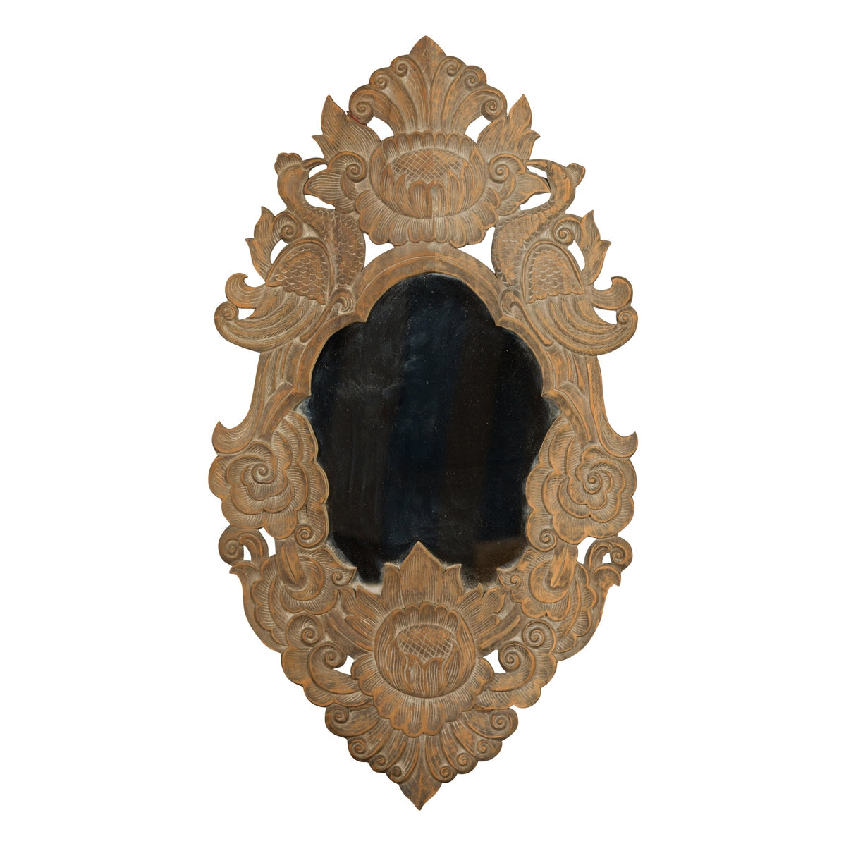 Vintage Thai Wooden Mirror with Carved Bird, Foliage and Flower Motifs-1. Asian & Chinese Furniture, Art, Antiques, Vintage Home Décor for sale at FEA Home