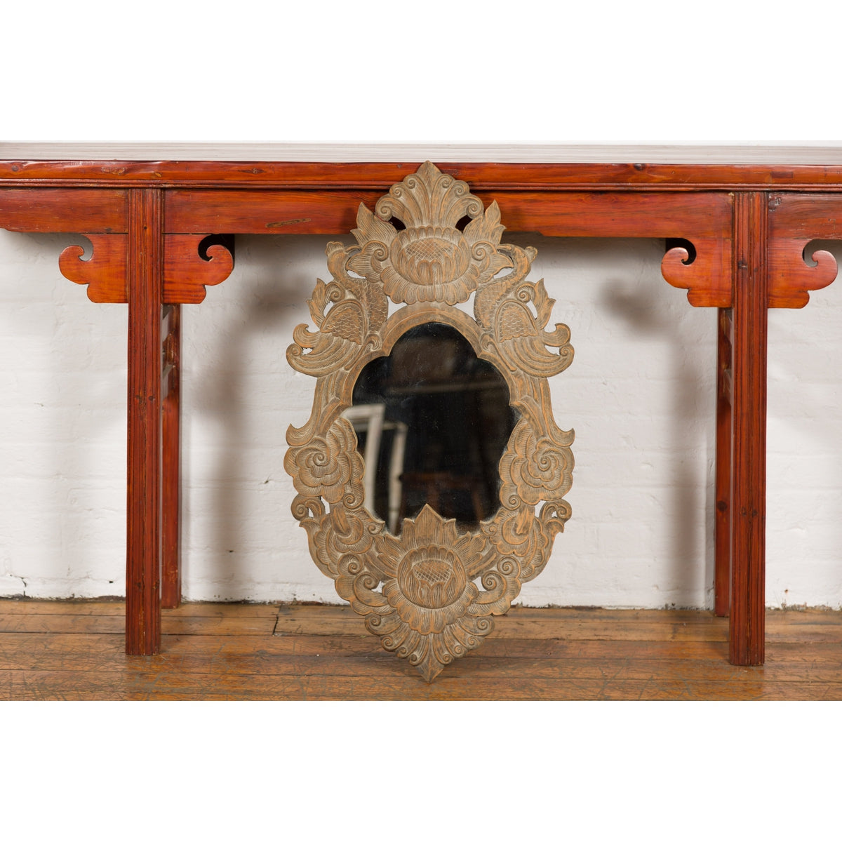 Vintage Thai Wooden Mirror with Carved Bird, Foliage and Flower Motifs-2. Asian & Chinese Furniture, Art, Antiques, Vintage Home Décor for sale at FEA Home