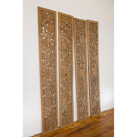 Set of Four Architectural Panels with Hand-Carved Scrollwork and Floral Motifs-YN3017-16. Asian & Chinese Furniture, Art, Antiques, Vintage Home Décor for sale at FEA Home