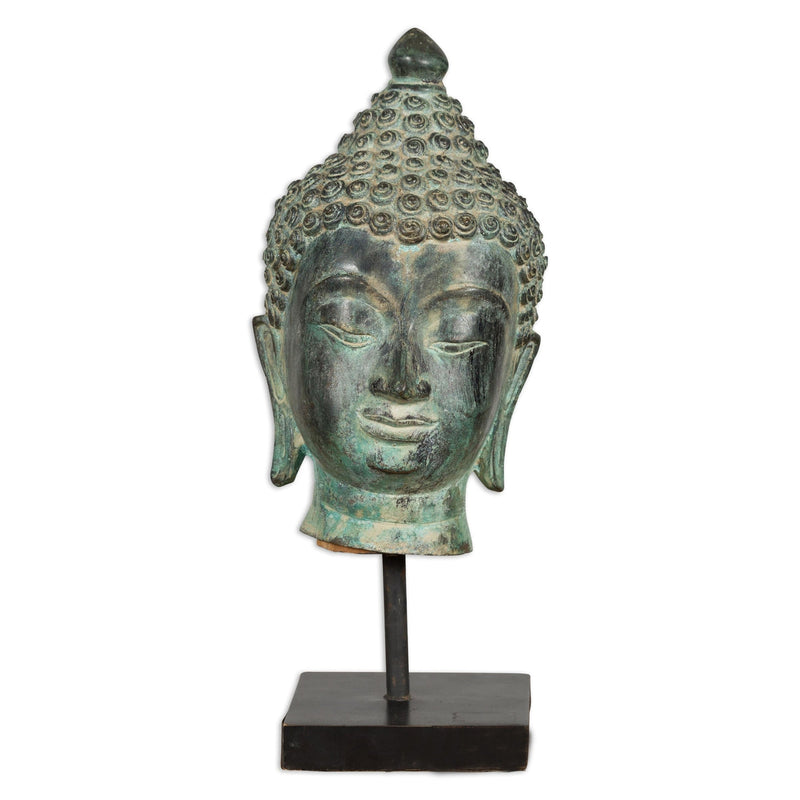 Vintage Bronze Buddha Head Tabletop Sculpture-YN3105-16. Asian & Chinese Furniture, Art, Antiques, Vintage Home Décor for sale at FEA Home