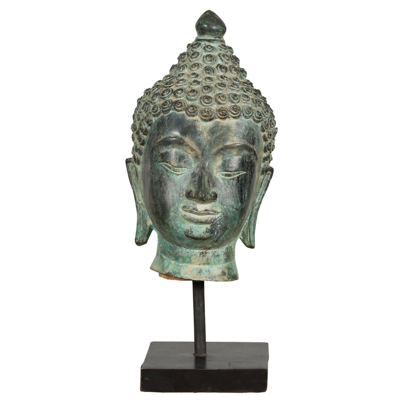 Vintage Bronze Buddha Head Tabletop Sculpture-YN3105-1. Asian & Chinese Furniture, Art, Antiques, Vintage Home Décor for sale at FEA Home