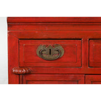 Qing Dynasty 19th Century Chinese Red Lacquer Cabinet with Drawers and Doors