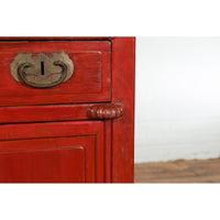 Qing Dynasty 19th Century Chinese Red Lacquer Cabinet with Drawers and Doors