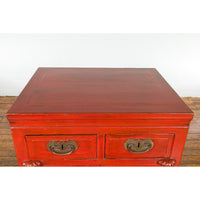 Qing Dynasty 19th Century Chinese Red Lacquer Cabinet with Drawers and Doors
