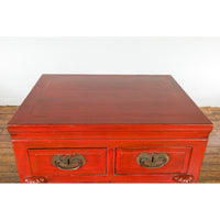 Qing Dynasty 19th Century Chinese Red Lacquer Cabinet with Drawers and Doors