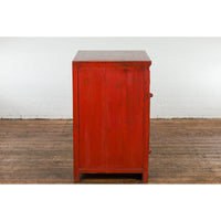 Qing Dynasty 19th Century Chinese Red Lacquer Cabinet with Drawers and Doors