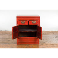 Qing Dynasty 19th Century Chinese Red Lacquer Cabinet with Drawers and Doors