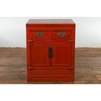 Qing Dynasty 19th Century Chinese Red Lacquer Cabinet with Drawers and Doors