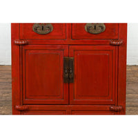 Qing Dynasty 19th Century Chinese Red Lacquer Cabinet with Drawers and Doors
