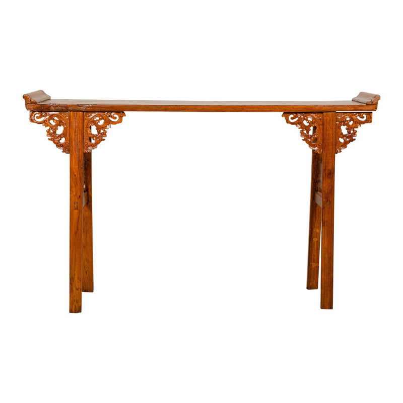 Qing Dynasty Tall Altar Console Table with Carved Scrolling Spandrels-YN3395-18. Asian & Chinese Furniture, Art, Antiques, Vintage Home Décor for sale at FEA Home
