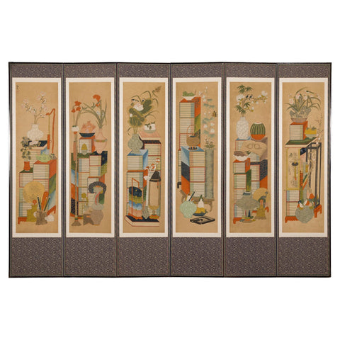 Silk on Paper Six Panel Screen with Hand Painted Traditional Household Items-YN3449-1-Unique Furniture-Art-Antiques-Home Décor in NY