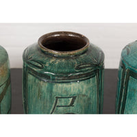 Set of Antique Green Glazed Ceramic Jars