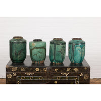 Set of Antique Green Glazed Ceramic Jars