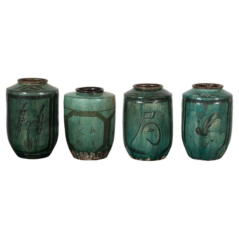 Set of Antique Green Glazed Ceramic Jars