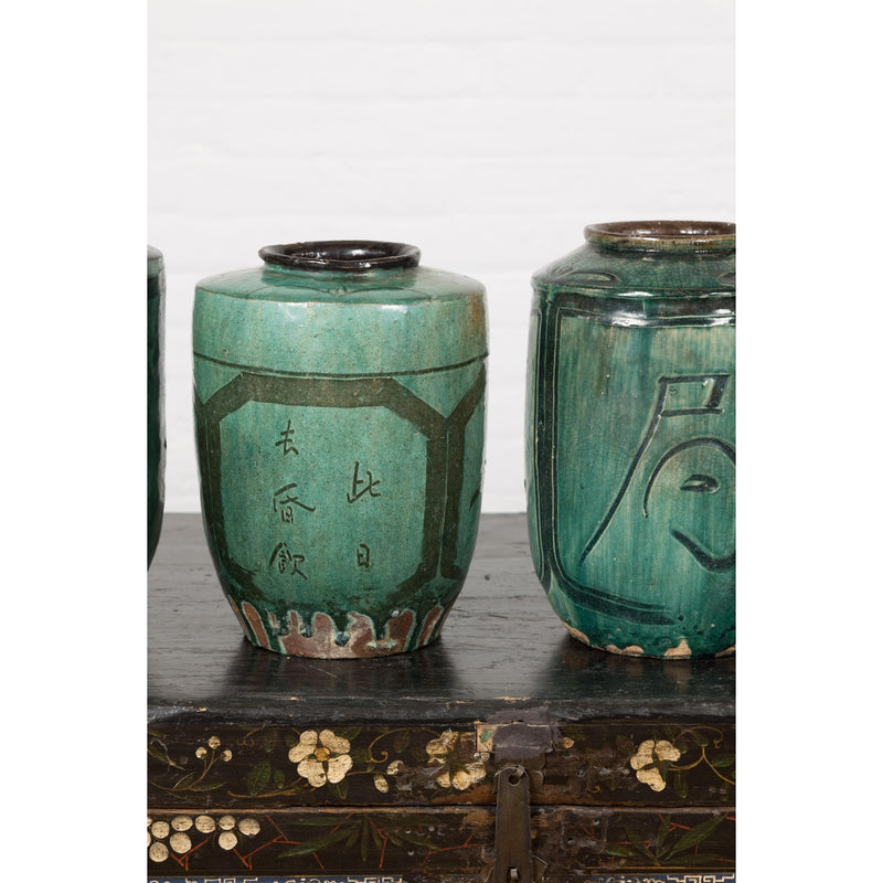 Set of Antique Green Glazed Ceramic Jars-YN3477B-5. Asian & Chinese Furniture, Art, Antiques, Vintage Home Décor for sale at FEA Home