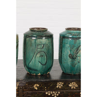 Set of Antique Green Glazed Ceramic Jars