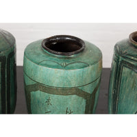 Set of Antique Green Glazed Ceramic Jars