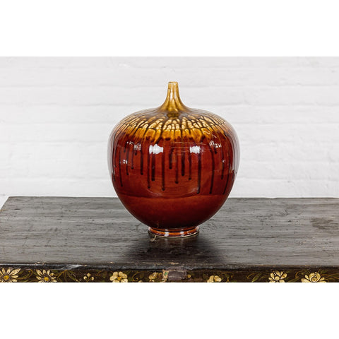 Hand-Crafted Artisan Tri-Color Brown Vase with Rounded Silhouette and Dripping-YN3563-12. Asian & Chinese Furniture, Art, Antiques, Vintage Home Décor for sale at FEA Home