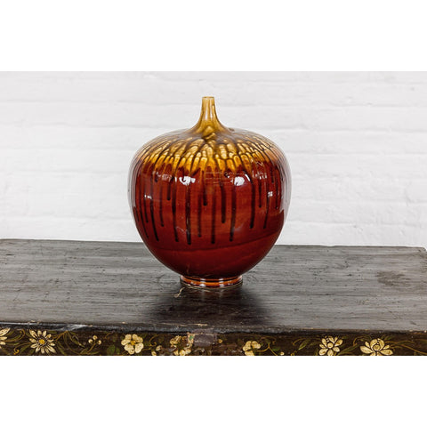 Hand-Crafted Artisan Tri-Color Brown Vase with Rounded Silhouette and Dripping-YN3563-13. Asian & Chinese Furniture, Art, Antiques, Vintage Home Décor for sale at FEA Home