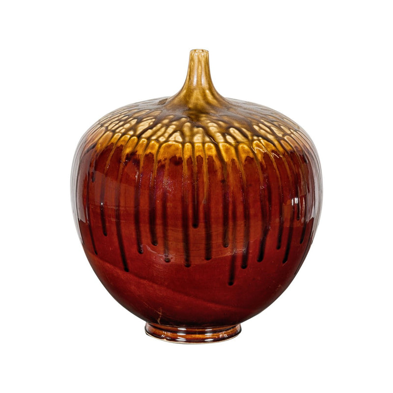 Hand-Crafted Artisan Tri-Color Brown Vase with Rounded Silhouette and Dripping-YN3563-15. Asian & Chinese Furniture, Art, Antiques, Vintage Home Décor for sale at FEA Home
