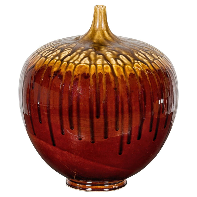 Hand-Crafted Artisan Tri-Color Brown Vase with Rounded Silhouette and Dripping-YN3563-1. Asian & Chinese Furniture, Art, Antiques, Vintage Home Décor for sale at FEA Home