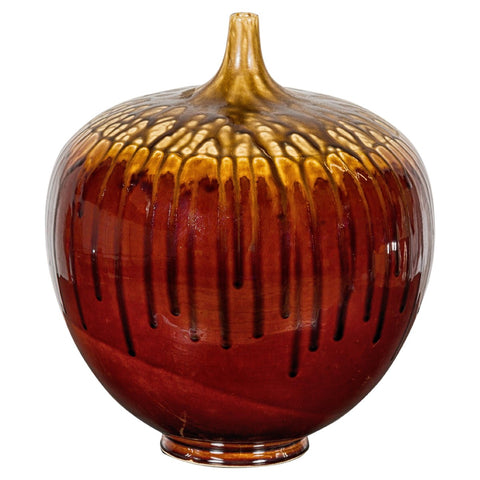 Hand-Crafted Artisan Tri-Color Brown Vase with Rounded Silhouette and Dripping-YN3563-1. Asian & Chinese Furniture, Art, Antiques, Vintage Home Décor for sale at FEA Home