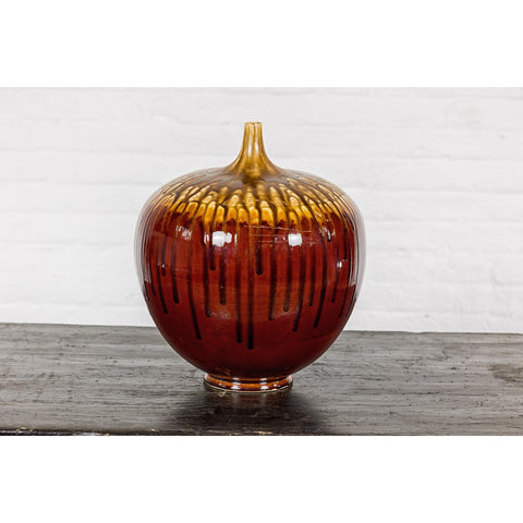 Hand-Crafted Artisan Tri-Color Brown Vase with Rounded Silhouette and Dripping-YN3563-3. Asian & Chinese Furniture, Art, Antiques, Vintage Home Décor for sale at FEA Home