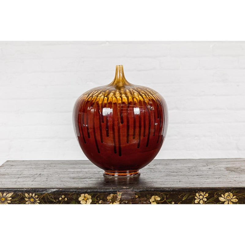 Hand-Crafted Artisan Tri-Color Brown Vase with Rounded Silhouette and Dripping-YN3563-4. Asian & Chinese Furniture, Art, Antiques, Vintage Home Décor for sale at FEA Home