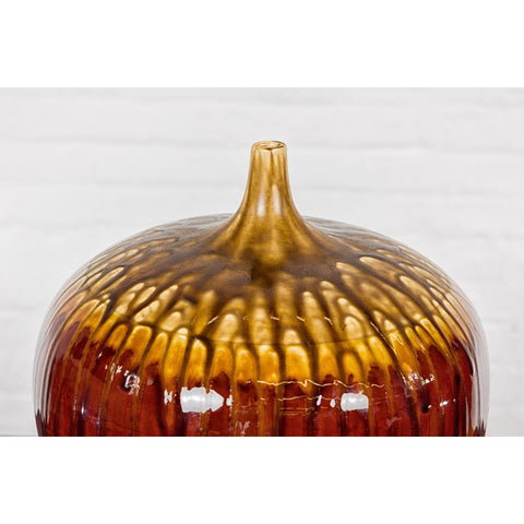 Hand-Crafted Artisan Tri-Color Brown Vase with Rounded Silhouette and Dripping-YN3563-5. Asian & Chinese Furniture, Art, Antiques, Vintage Home Décor for sale at FEA Home