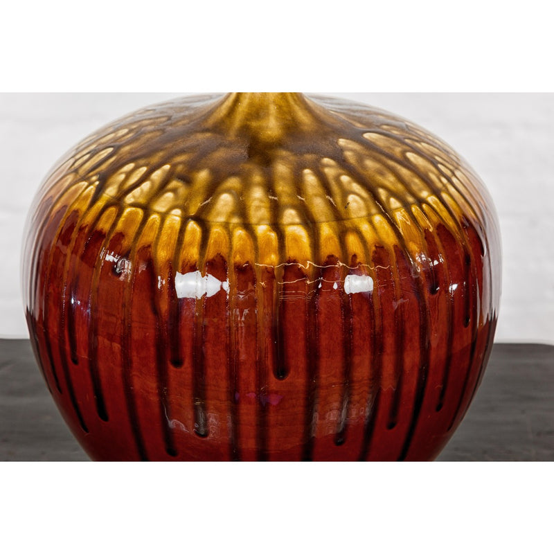 Hand-Crafted Artisan Tri-Color Brown Vase with Rounded Silhouette and Dripping-YN3563-6. Asian & Chinese Furniture, Art, Antiques, Vintage Home Décor for sale at FEA Home
