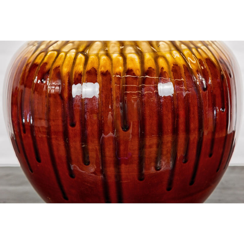 Hand-Crafted Artisan Tri-Color Brown Vase with Rounded Silhouette and Dripping-YN3563-7. Asian & Chinese Furniture, Art, Antiques, Vintage Home Décor for sale at FEA Home