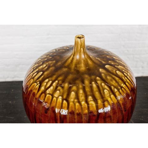 Hand-Crafted Artisan Tri-Color Brown Vase with Rounded Silhouette and Dripping-YN3563-9. Asian & Chinese Furniture, Art, Antiques, Vintage Home Décor for sale at FEA Home
