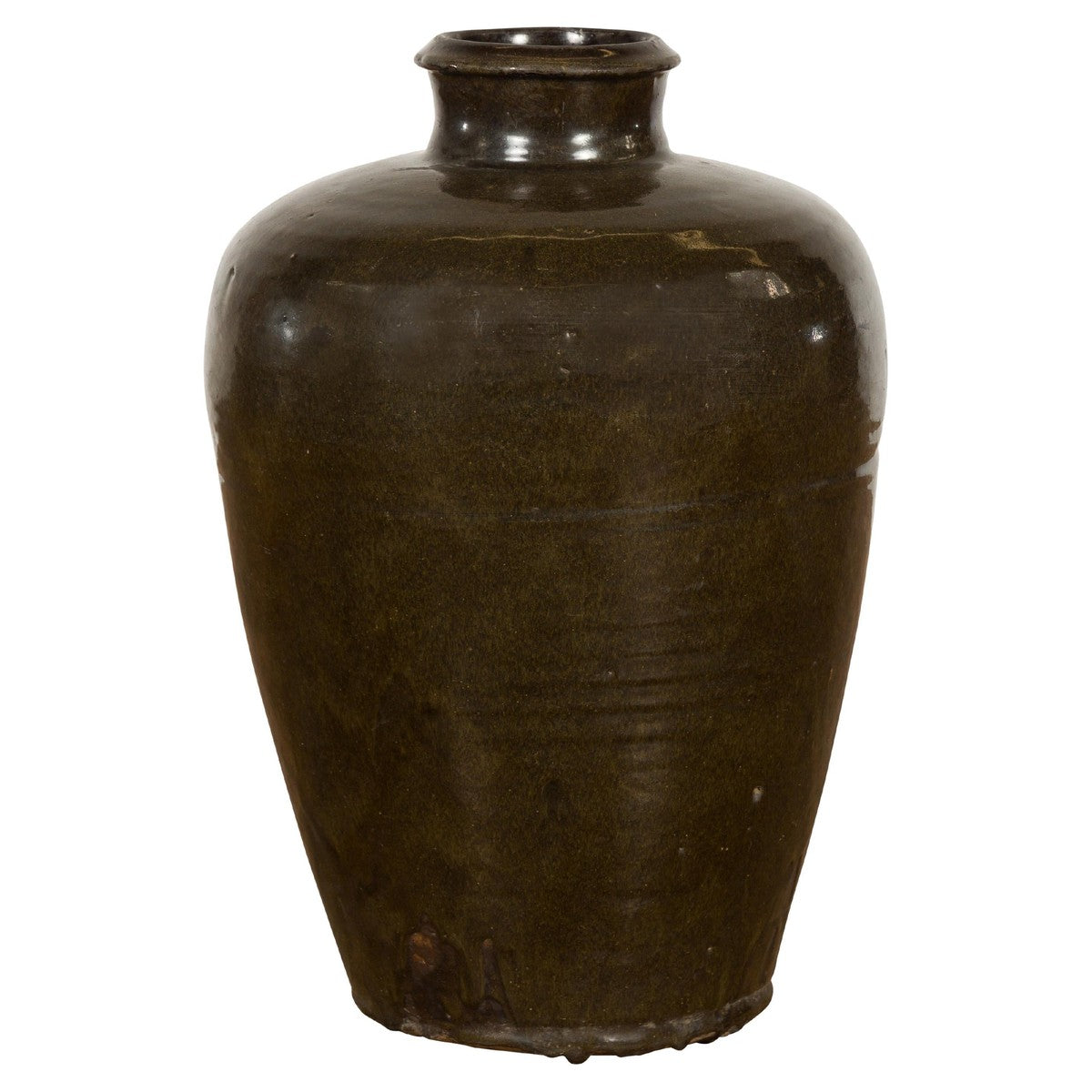 Vintage Dark Brownish Green Glazed Ceramic Storage Jar with Tapering Lines-1. Asian & Chinese Furniture, Art, Antiques, Vintage Home Décor for sale at FEA Home