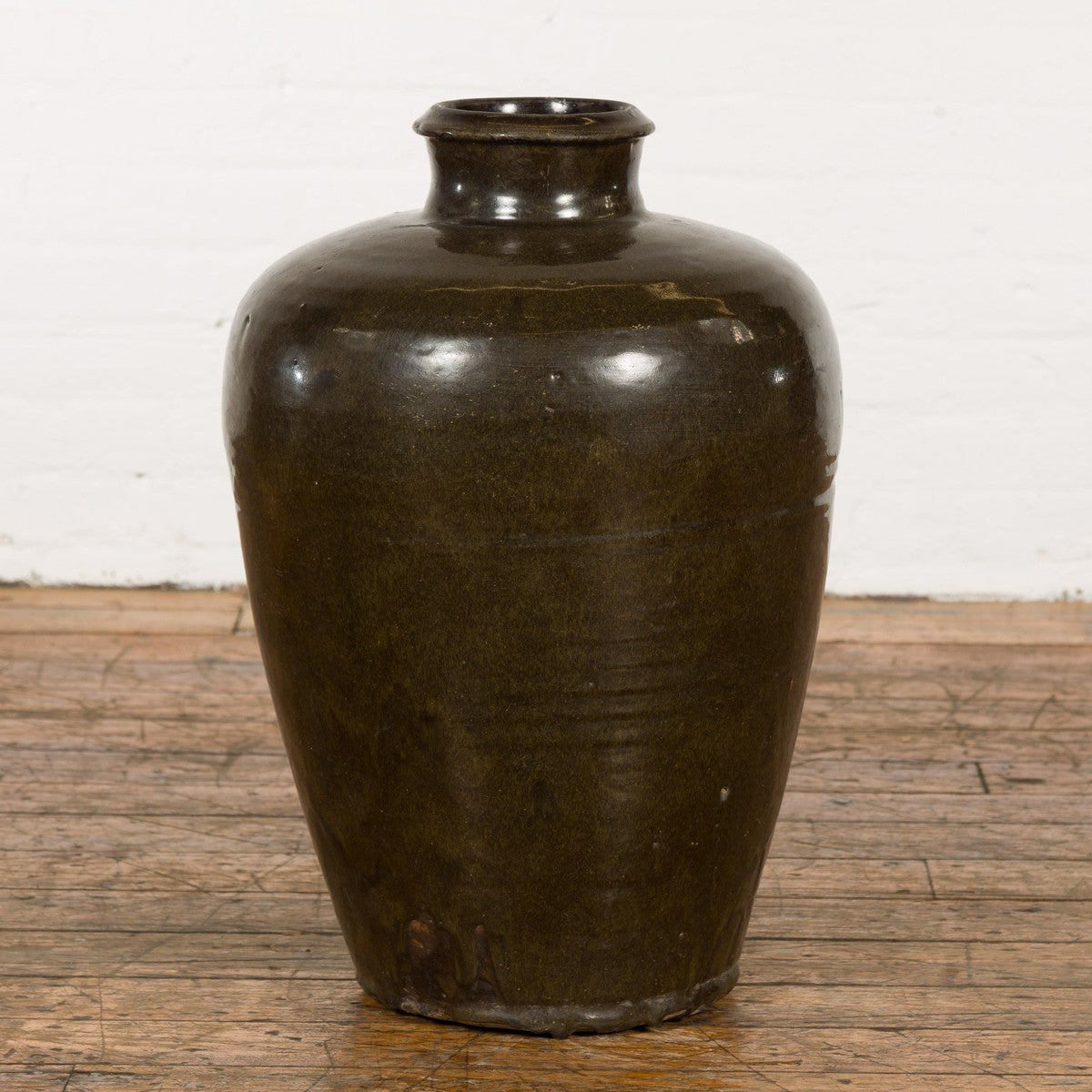 Vintage Dark Brownish Green Glazed Ceramic Storage Jar with Tapering Lines-2. Asian & Chinese Furniture, Art, Antiques, Vintage Home Décor for sale at FEA Home