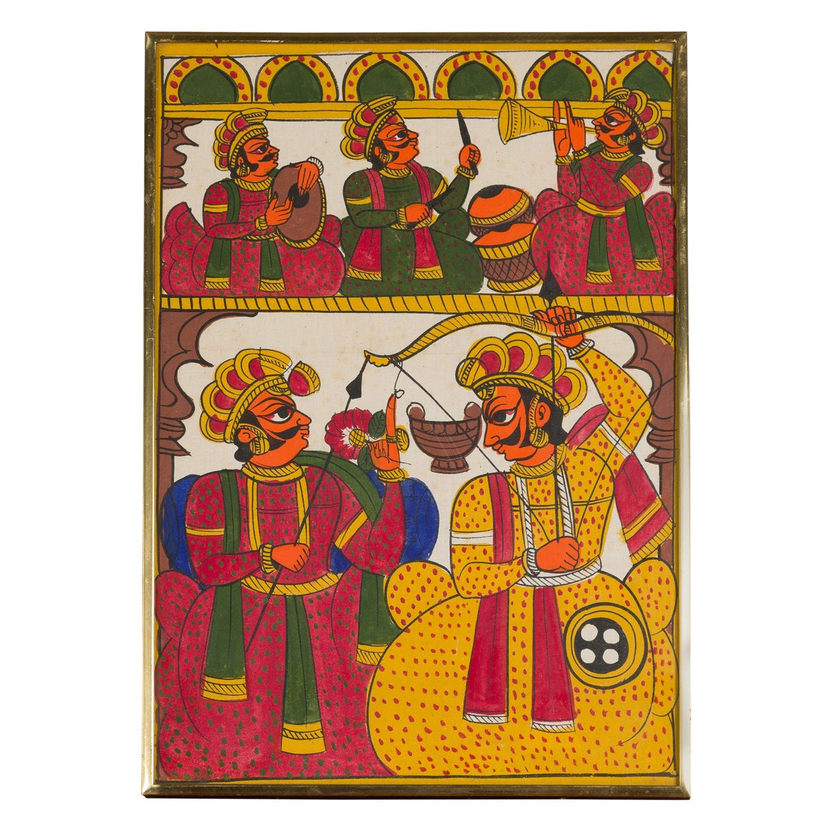 Antique Hand Painted Folk Art Painting Depicting Musicians and Archers-1. Asian & Chinese Furniture, Art, Antiques, Vintage Home Décor for sale at FEA Home