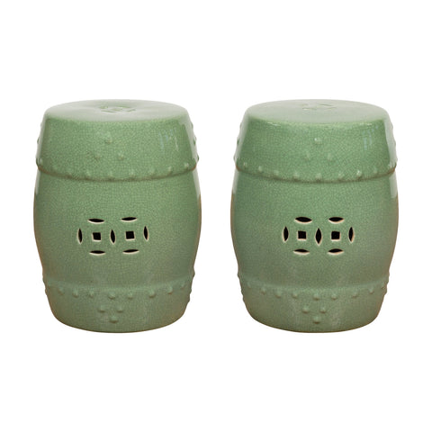 Chinese Vintage Celadon Glazed Garden Stools with Pierced Motifs, Sold Each-YN3759-1. Asian & Chinese Furniture, Art, Antiques, Vintage Home Décor for sale at FEA Home