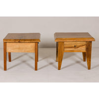 Near Pair of Mango Wood Midcentury Low Side Tables with Single Drawers